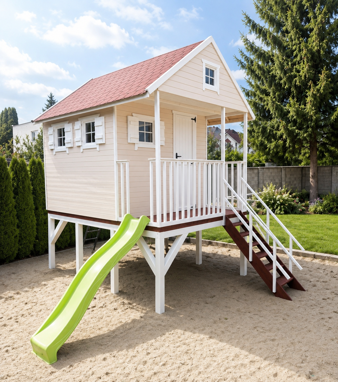 záhradná chatka pre deti vyvýšená do 120 cm so šmýkačkou, schodiskom a zábradlím